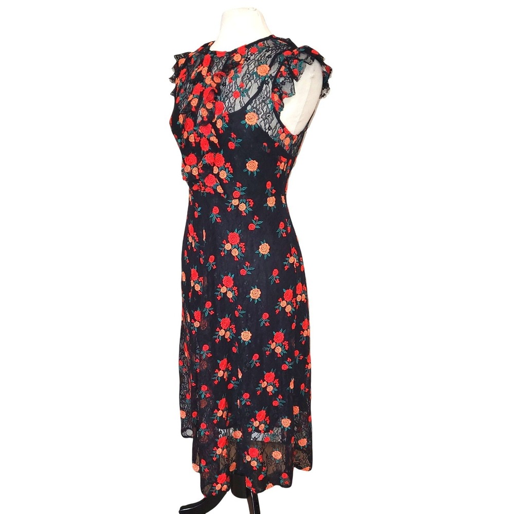 Zara Woman Black Embroidered Lace Red Floral Cottage Fairy Country Boho Dress M - Picture 4 of 11